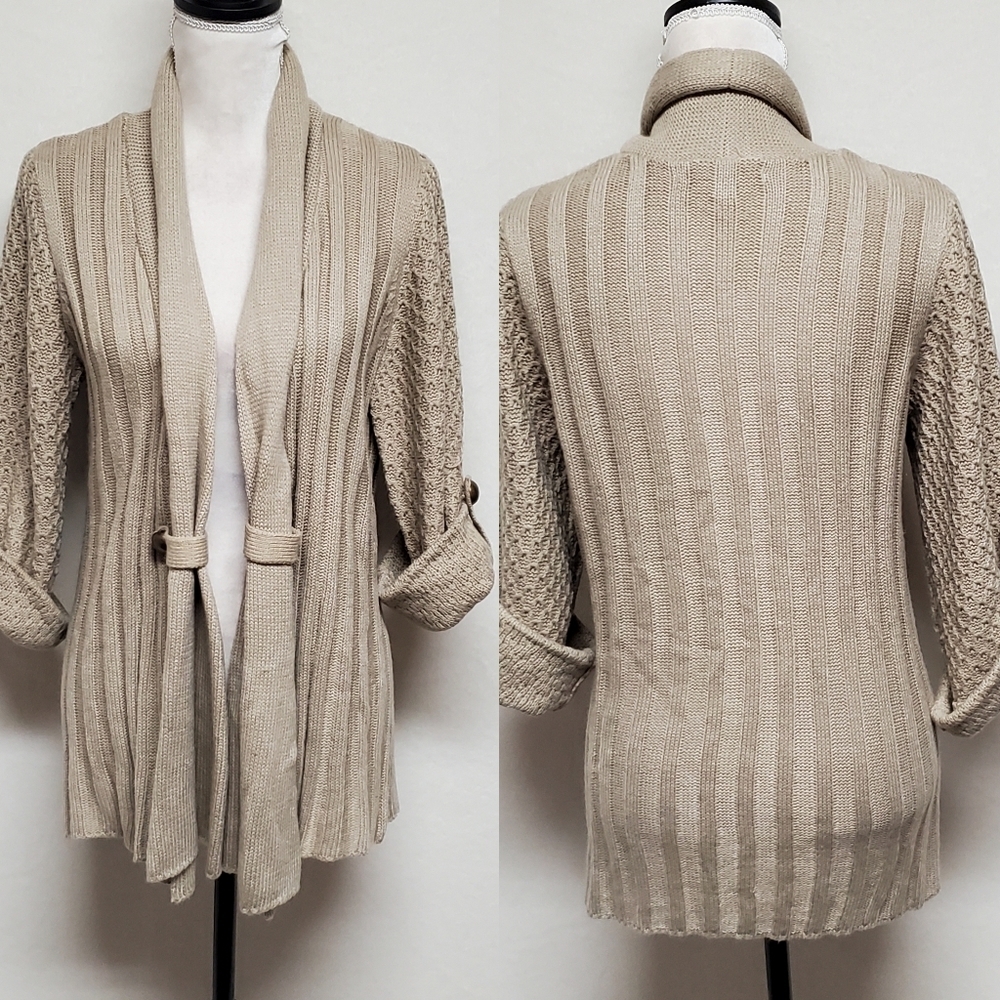 Carolyn Taylor Beige Corded Knit Fitted Waist Cuff Sleeve Open Front Cardigan L